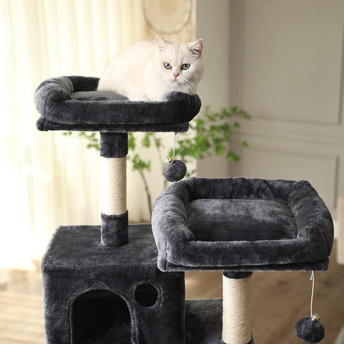  Kat Krabpaal Voor Meerdere Katten - Met Hokje En Plateaus - Grote Of Kleine Katten - Grijs En Wit