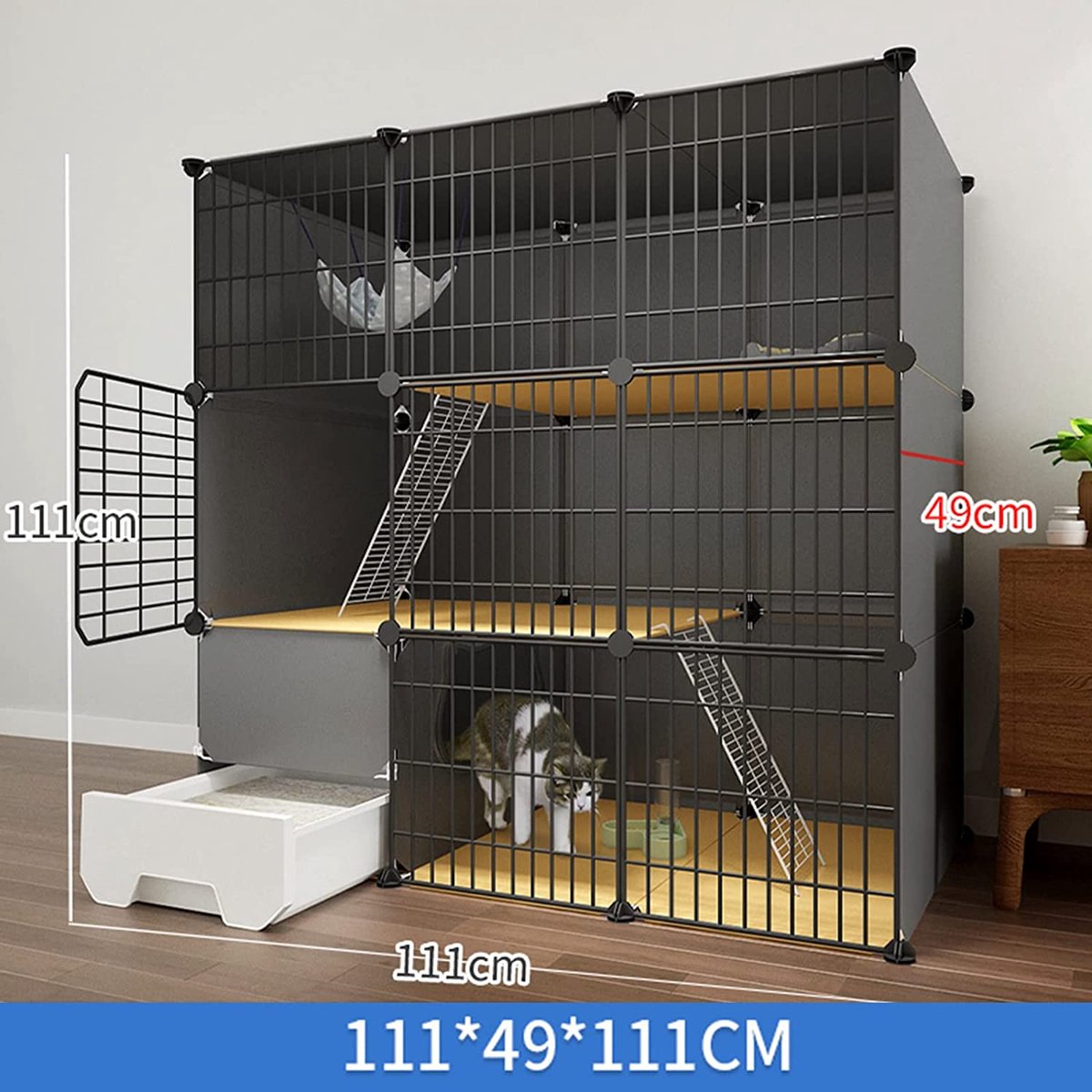 Merkloos XXL Premium Kattenkooi Met Kattenbak 2-laags Kattenkooien Voor Binnen - Grote Opvouwbare Kattenren - Kattenbench Kat Bench - Zwart Dierenverblijf