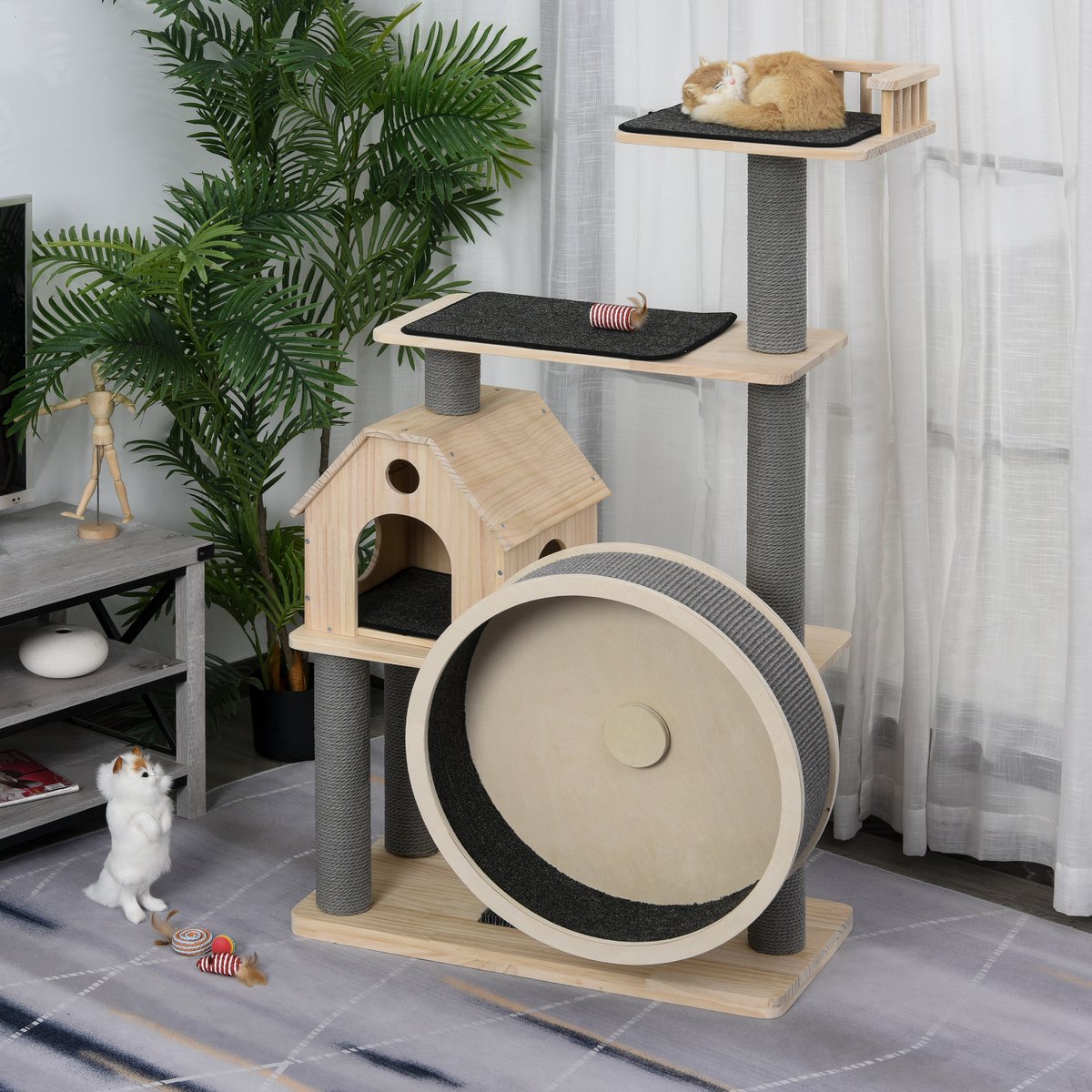  PawHut Kattenboom Met Loopwiel Krabpaal Met 4 Verdiepingen Kattenhuis Met Sisalpalen Massief Hout D30-303