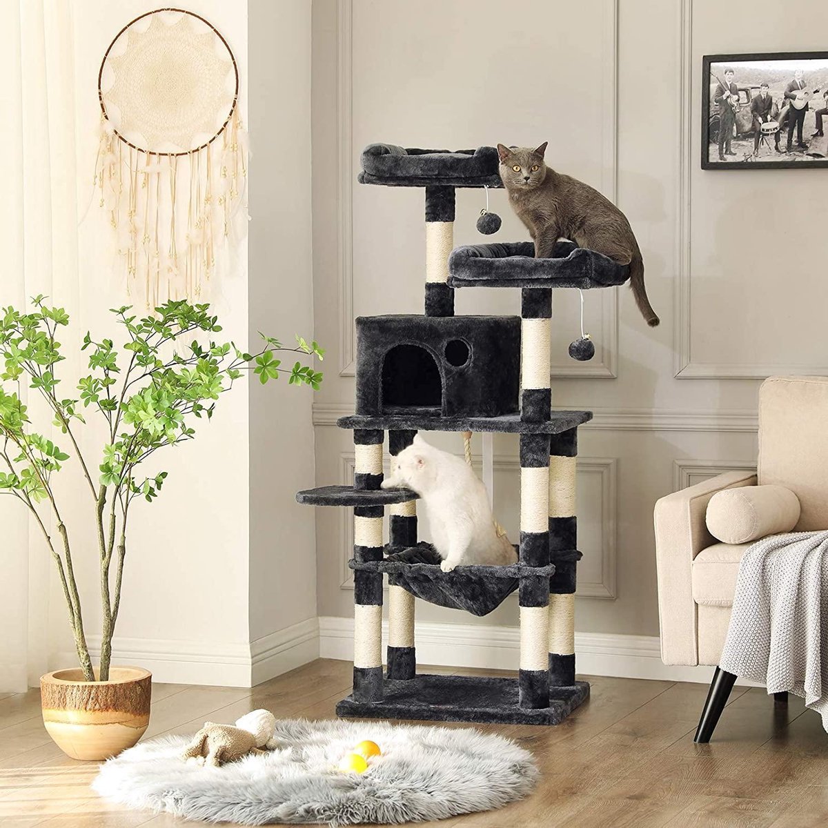  Kat Krabpaal Voor Meerdere Katten - Met Hokje En Plateaus - Grote Of Kleine Katten - Grijs En Wit