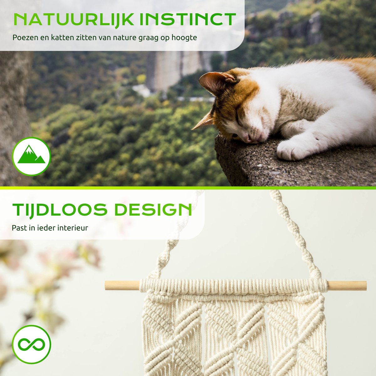 Qoods Kattenhangmat Macramé - Hangende Kattenmand Raam Of Radiator - Kattenbed - Poezenmand