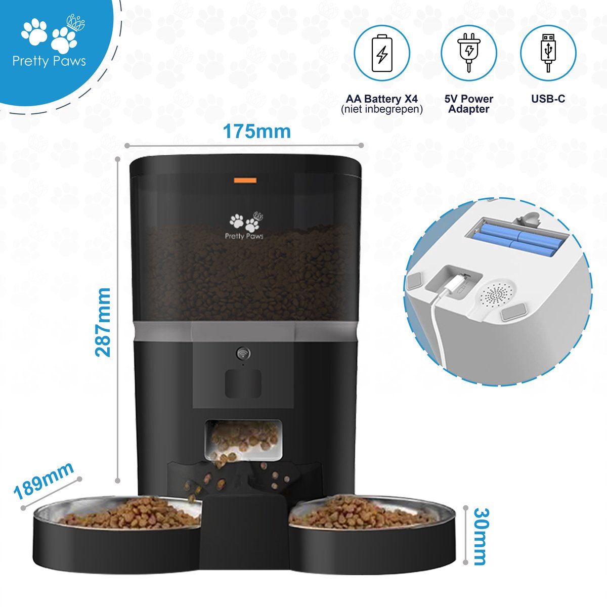  Pretty Paws QQ003 - Wifi Voermachine - Dubbele Voerbakjes - Zwart - Kat - 6L