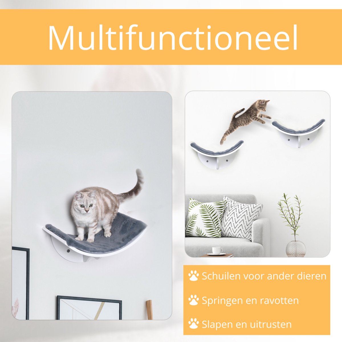 Merkloos Paws And Claws - Cat Shelf – Hangmat Kat – Kattenplank - Kattenbed - Wasbaar – Wandmontage – MDF - Wit