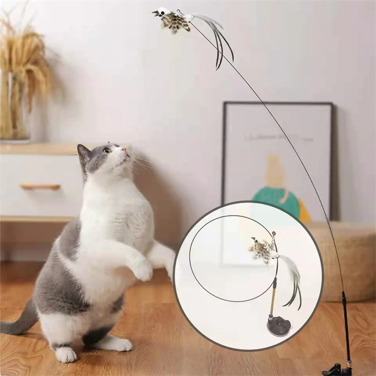  Kattenspeelgoed - Simulatie Vogel - Interactieve Grappige Kattenspeeltjes - Kattenhengel Met Zuignap + 4 Vogels + Een Kattenhengel GRATIS