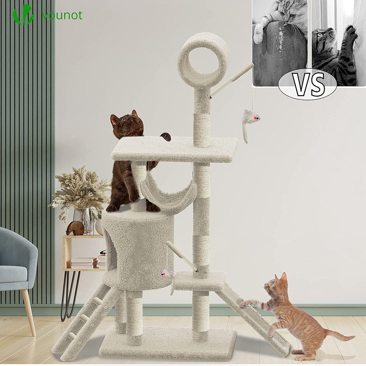  Grote Krabpaal Met Krabpaal XXL, Klimboom Voor Katten, Activiteitencentrum, Met Grot En Platforms Voor Katten, Hoogte 154 Cm, Beige