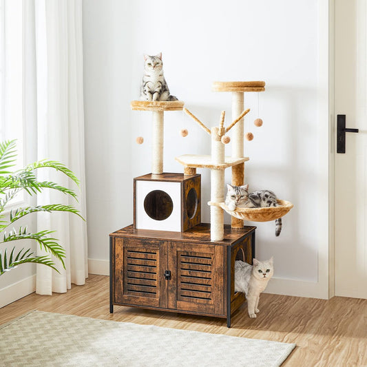  IN.HOMEXL All-In-One Kattenmeubel Alba - Krabpaal Met Kattenbak - Hangmat Mand Katten Huis - Kattentoiletmeubel - Bruin - 70x132x48cm