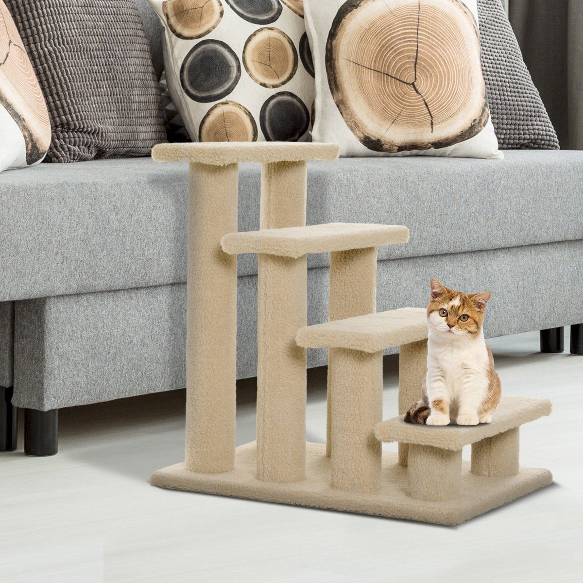  PawHut Dierentrap, Kattentrap, Hondentrap, Trap Voor Katten En Honden, 4 Treden, Beige, 63,5 X 43 X 60 Cm D30-006