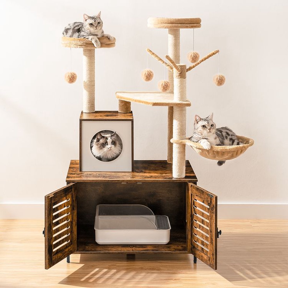  Signature Home Lola Krabpaal Met Kattenbak - Kattenbak Hangmat Mand Katten Huis - Kattenhuis Met Deur En Slot - Krabpalen Katten Huis - Kattenbakmeubel Verborgen - Alles-in-één Kattenspeelgoed Met Kattenhuis - Bruin - 70cm X 132cm X 48cm