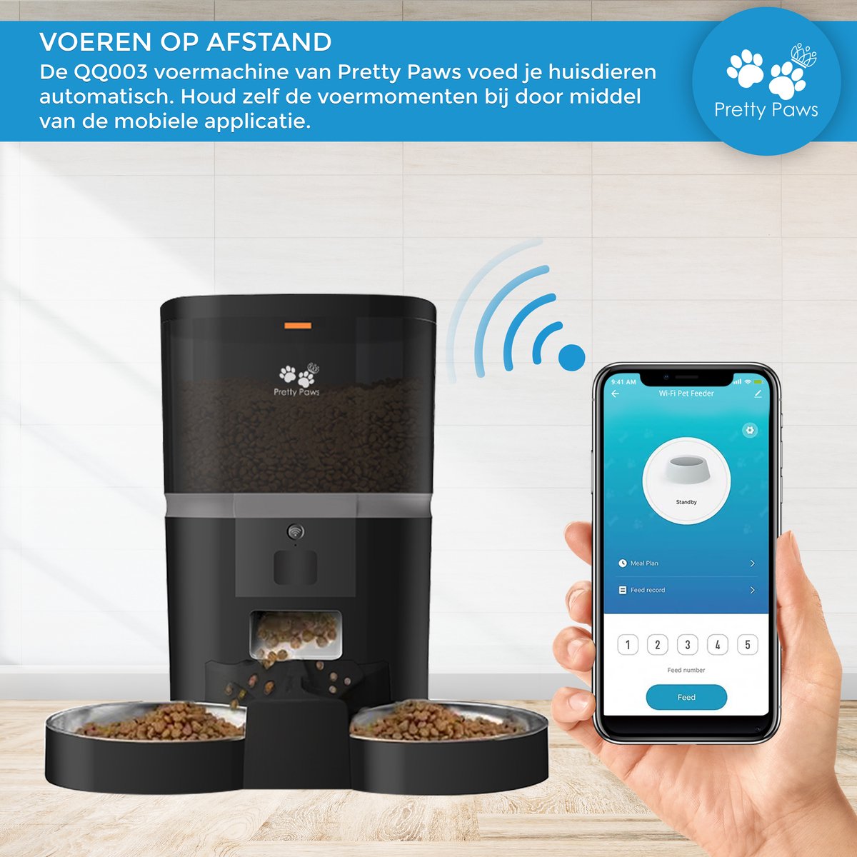  Pretty Paws QQ003 - Wifi Voermachine - Dubbele Voerbakjes - Zwart - Kat - 6L