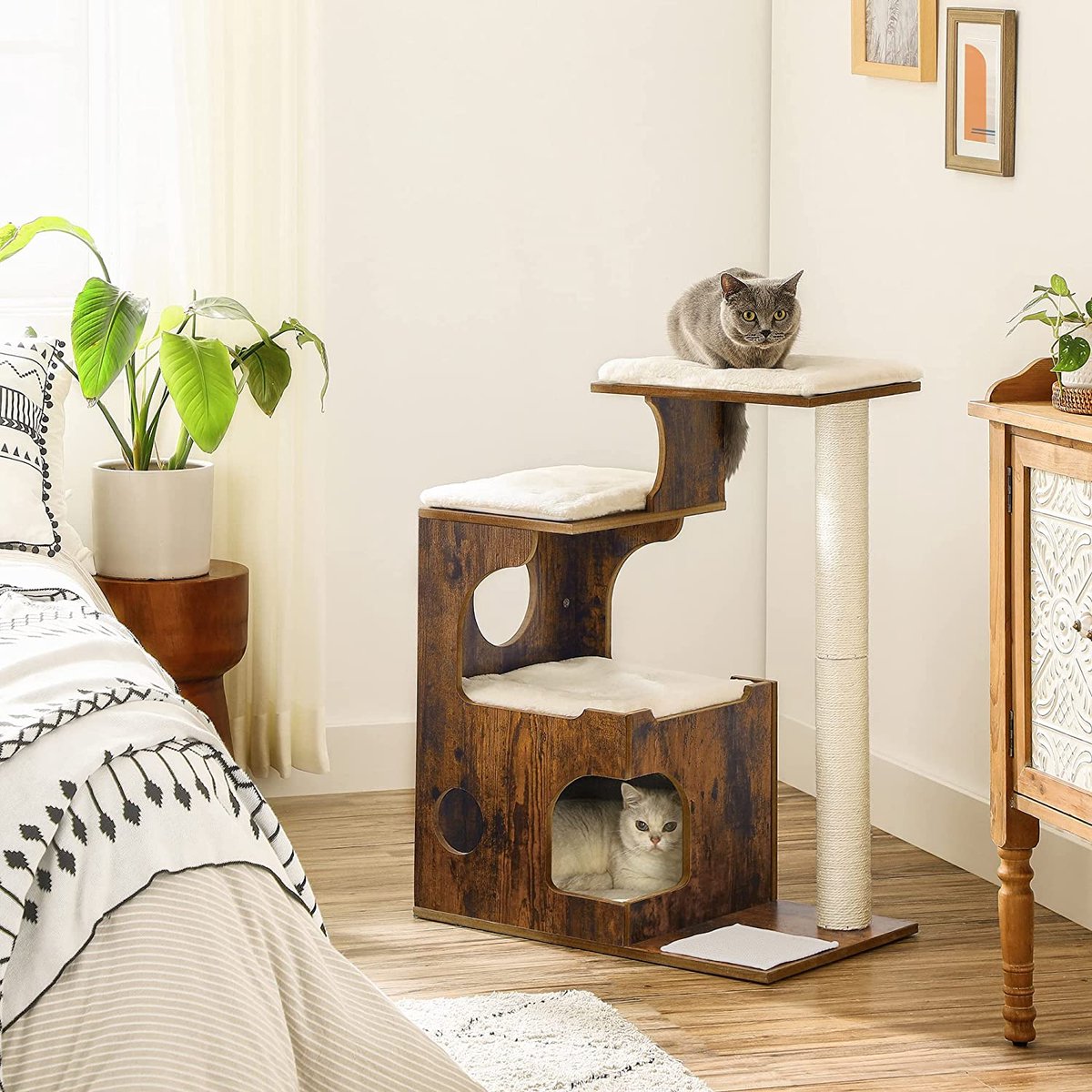 Songmics Zaza Home Luxe Houten Krabpaal 86 Cm, Middelgrote Katten Klimboom Met 3 Ligvlakken En Holten Vintage Bruin-wit