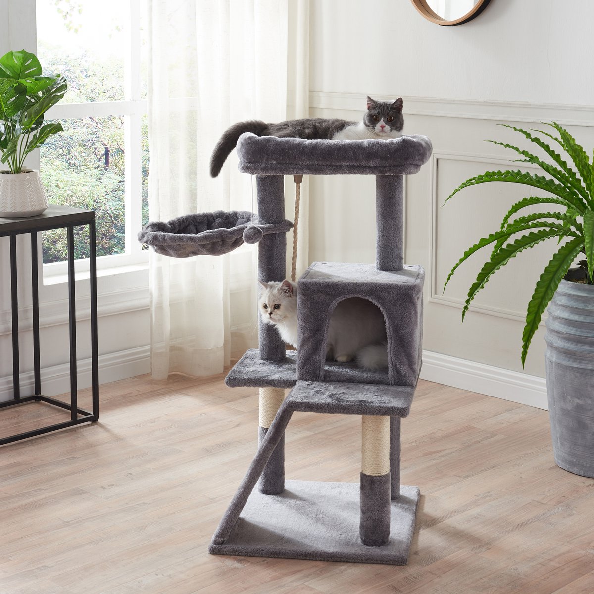  ACAZA Krabpaal, Kattenboom Met Krabbord En Huisjes Voor Meerdere Katten, Lichtgrijs