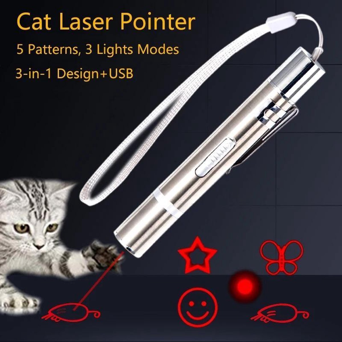  Laserpen - Oplaadbaar Met USB - Rode Laser - RVS Zilver - UV - Zaklamp - LED - Kat - Katten Speeltjes - Kattenspeelgoed - 7 Verschillende Standen