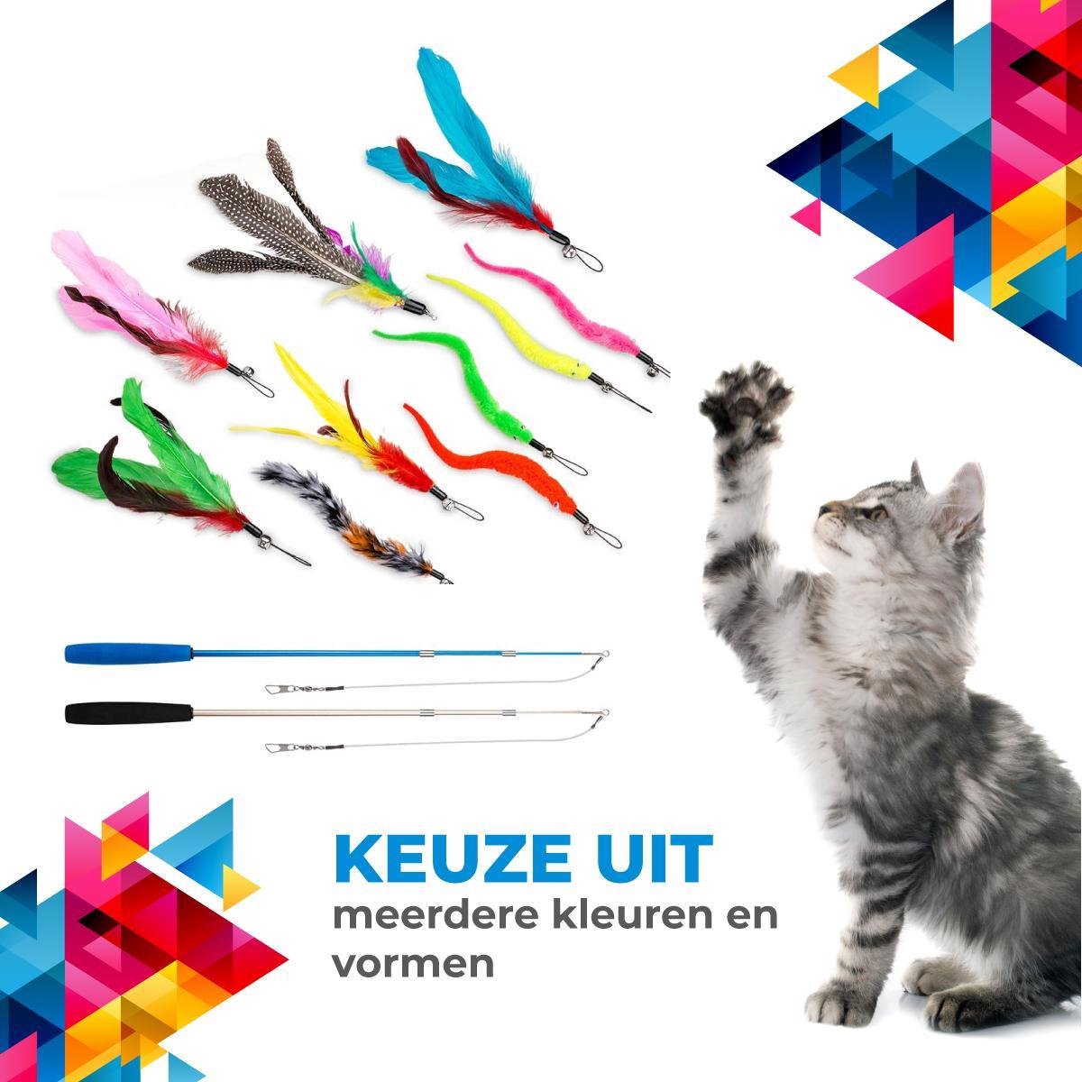 Merkloos 2 Kattenhengels Met 10 Speeltjes – Bewegende Kattenspeeltjes Met Veren En Belletjes – Interactieve Kattenspeelgoed Voor Kittens – Cat Toys
