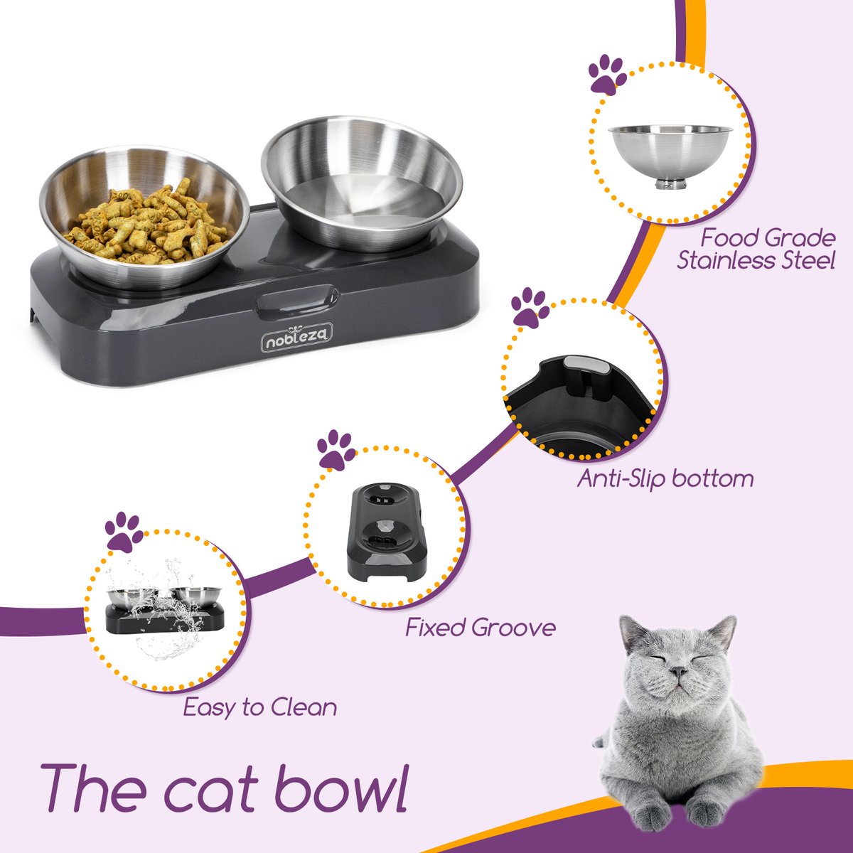  Nobleza Katten Voerbakjes - Ergonomische Dubbele Voerbak - Anti Braak Voerbak Voor Katten - Zwart - Dubbel - RVS