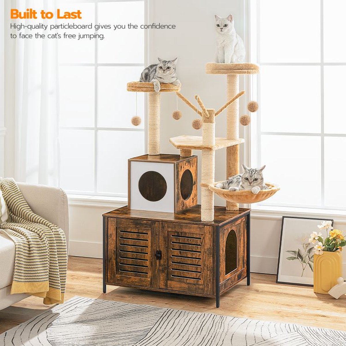  Signature Home Lola Krabpaal Met Kattenbak - Kattenbak Hangmat Mand Katten Huis - Kattenhuis Met Deur En Slot - Krabpalen Katten Huis - Kattenbakmeubel Verborgen - Alles-in-één Kattenspeelgoed Met Kattenhuis - Bruin - 70cm X 132cm X 48cm