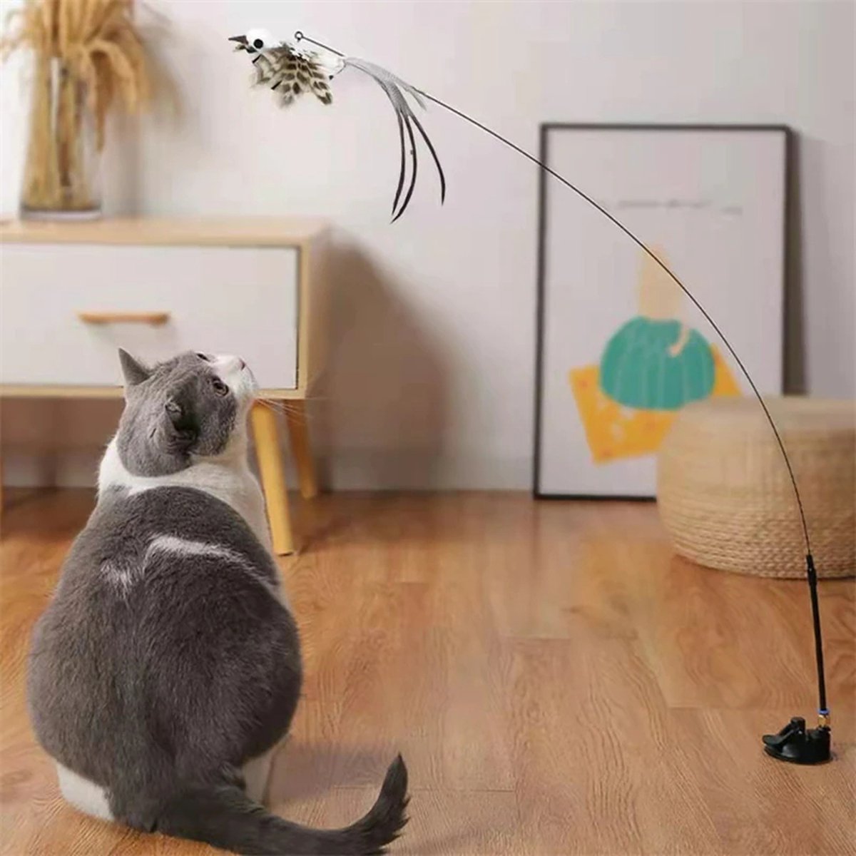  Kattenspeelgoed - Simulatie Vogel - Interactieve Grappige Kattenspeeltjes - Kattenhengel Met Zuignap + 4 Vogels + Een Kattenhengel GRATIS