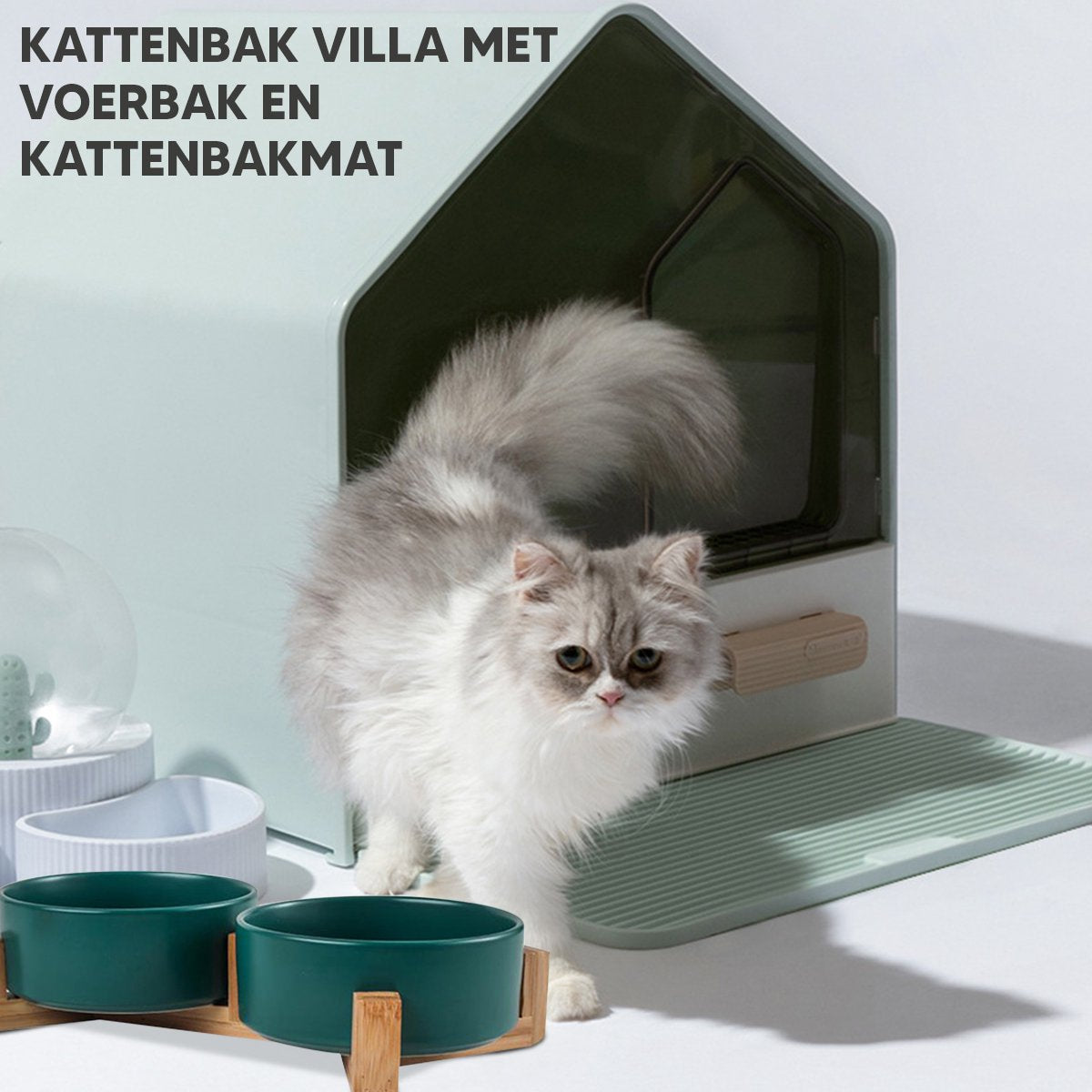  Kattenbak Villa Met Dubbele Voerbak En Kattenbakmat – Kat - Drinkbak – Modern En Stijlvol - Design - Groen
