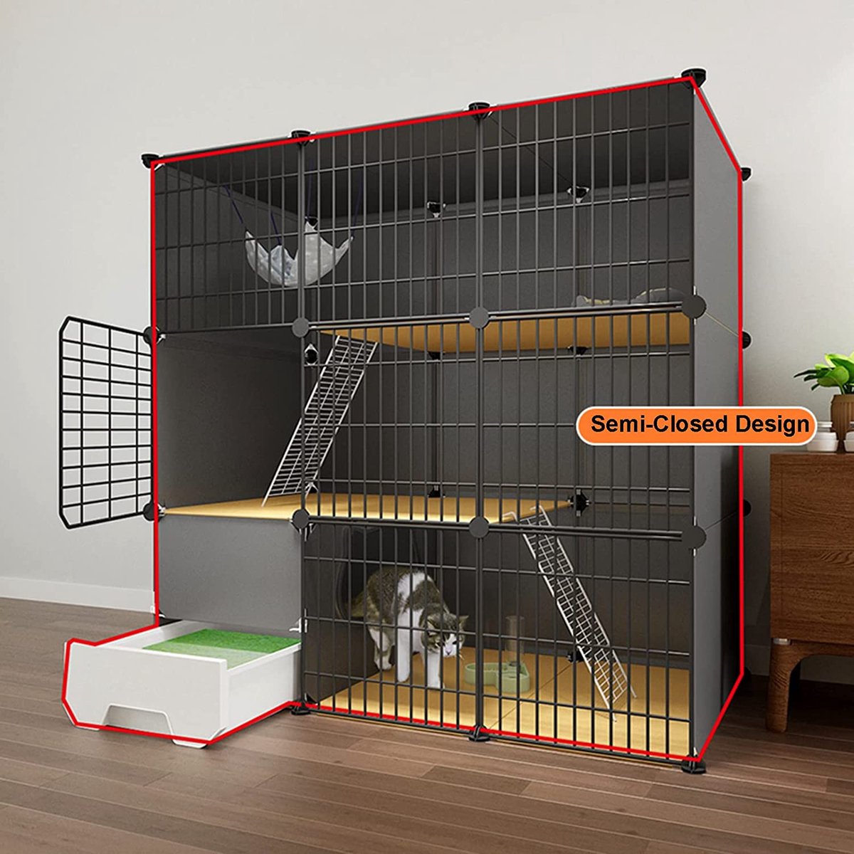 Merkloos XXL Premium Kattenkooi Met Kattenbak 2-laags Kattenkooien Voor Binnen - Grote Opvouwbare Kattenren - Kattenbench Kat Bench - Zwart Dierenverblijf