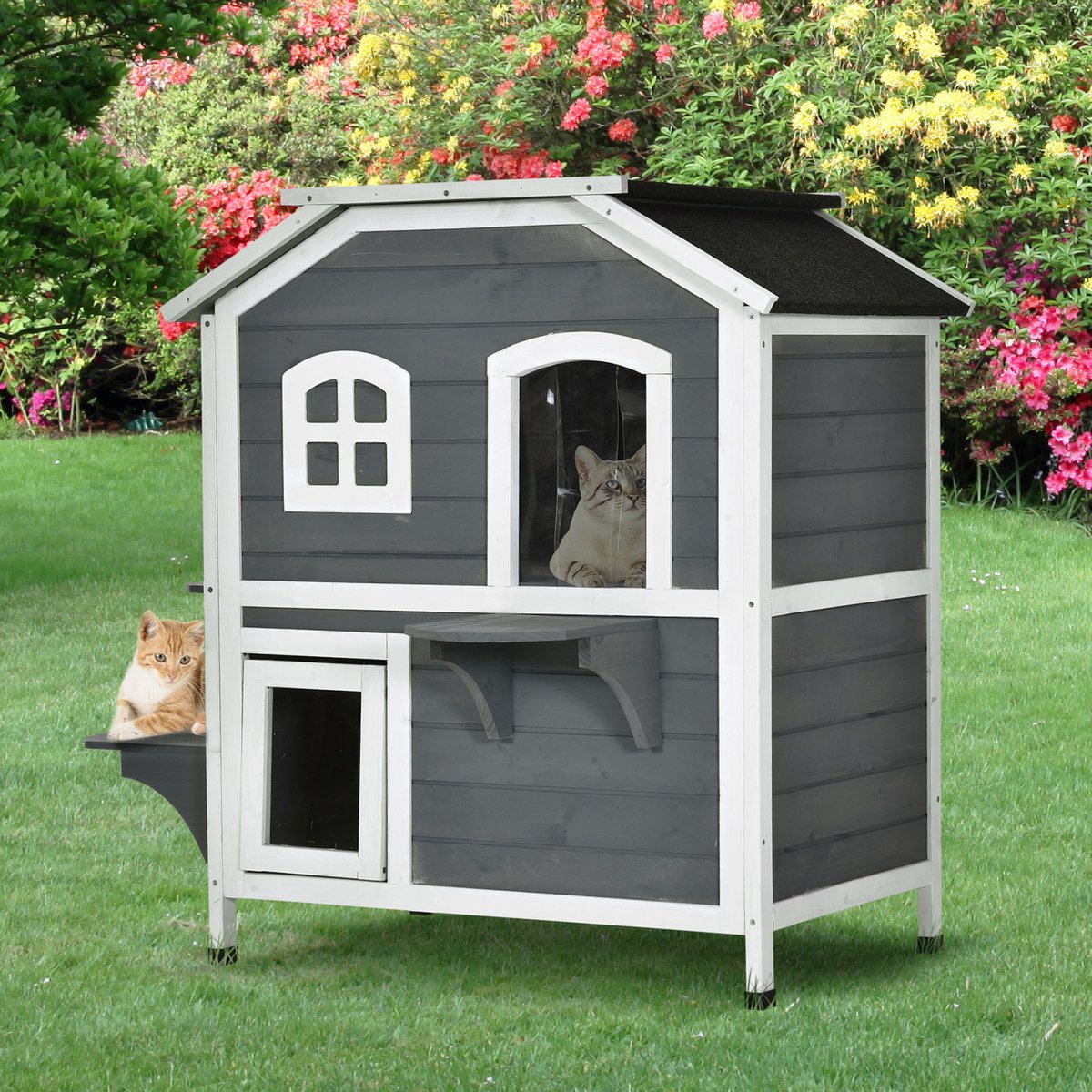  PawHut Kattenhuis Voor Buiten Kattenhut Met 2 Verdiepingen Kattenvilla, Asfaltdak, Massief Hout Grijs D30-236
