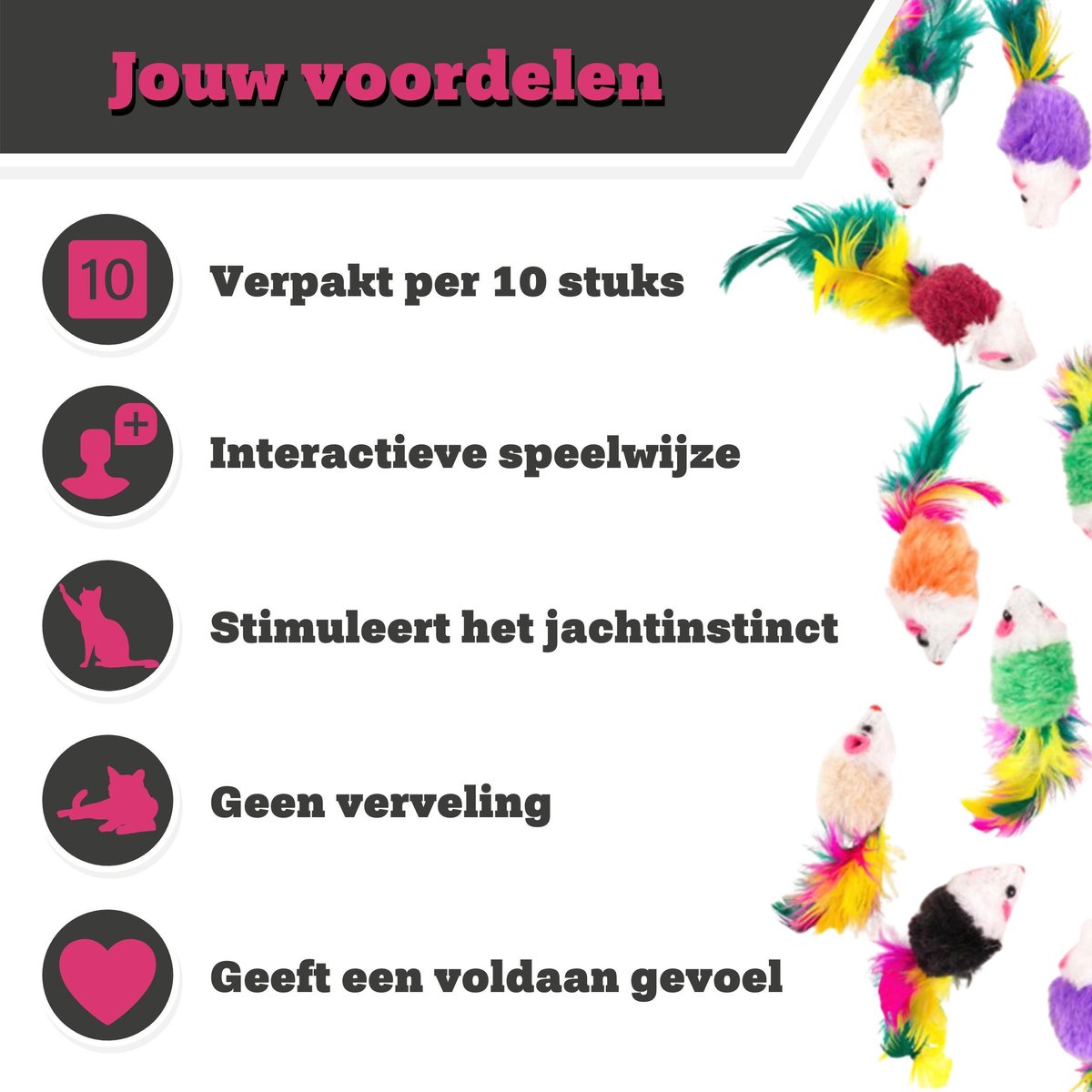  Make Me Purr Fluffy Muizen Met Veer (10 Stuks) - Kattenspeeltjes - Kattenspeelgoed - Speelgoed Voor Katten - Kat Speeltje Muis - Kitten Speeltjes Muisjes