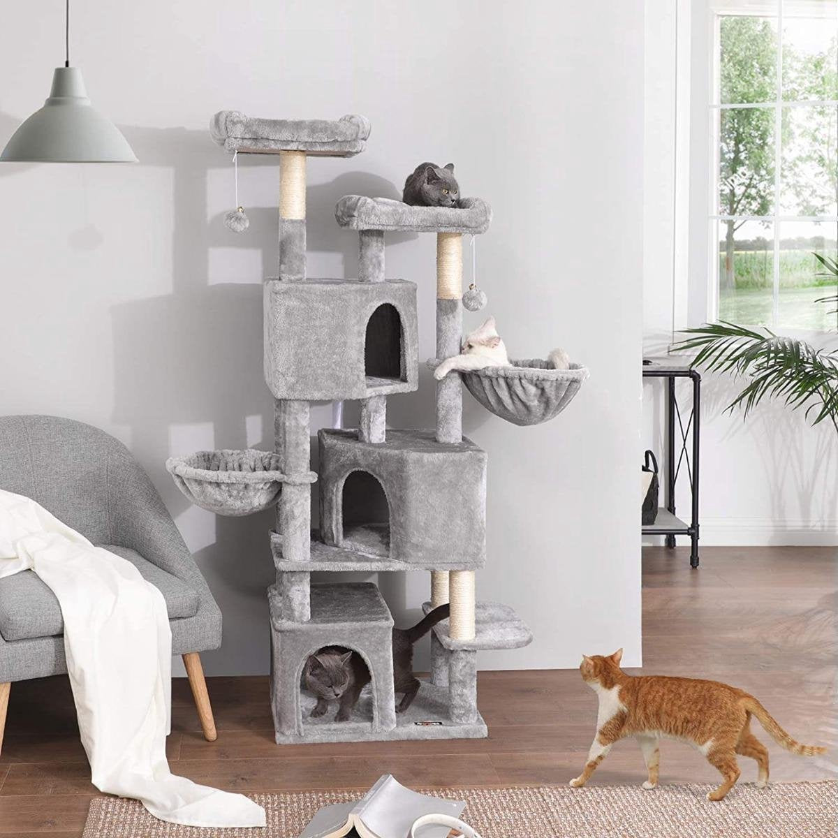  Songmics Kattenboom Groot, Met 3 Kattengrotten - Grijs - Sisal