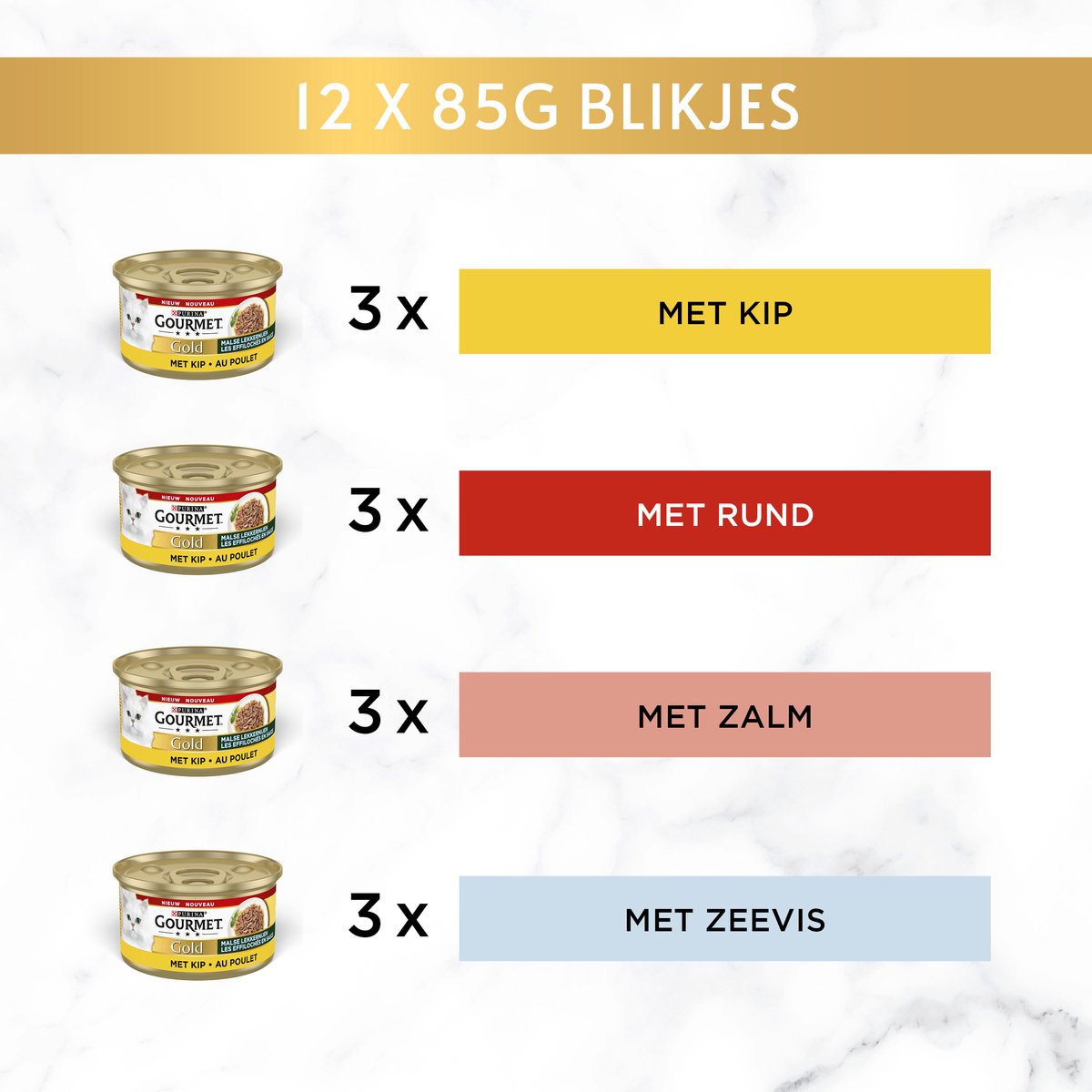  Gourmet Gold Malse Lekkernijen – Kattenvoer Natvoer - Met Kip, Zalm, Rund, Zeevis – 48 X 85 Gr