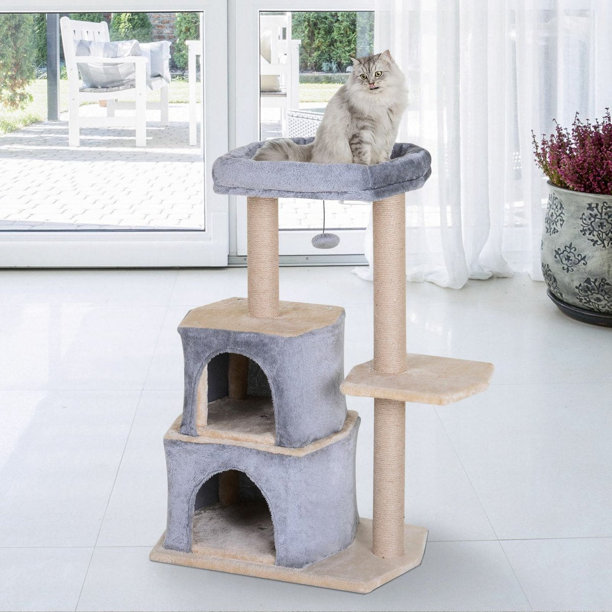  PawHut Krabpaal Kattenboom Met Grot Klimboom Kattenhuis Sisal Paal Sisal Grijs D30-218