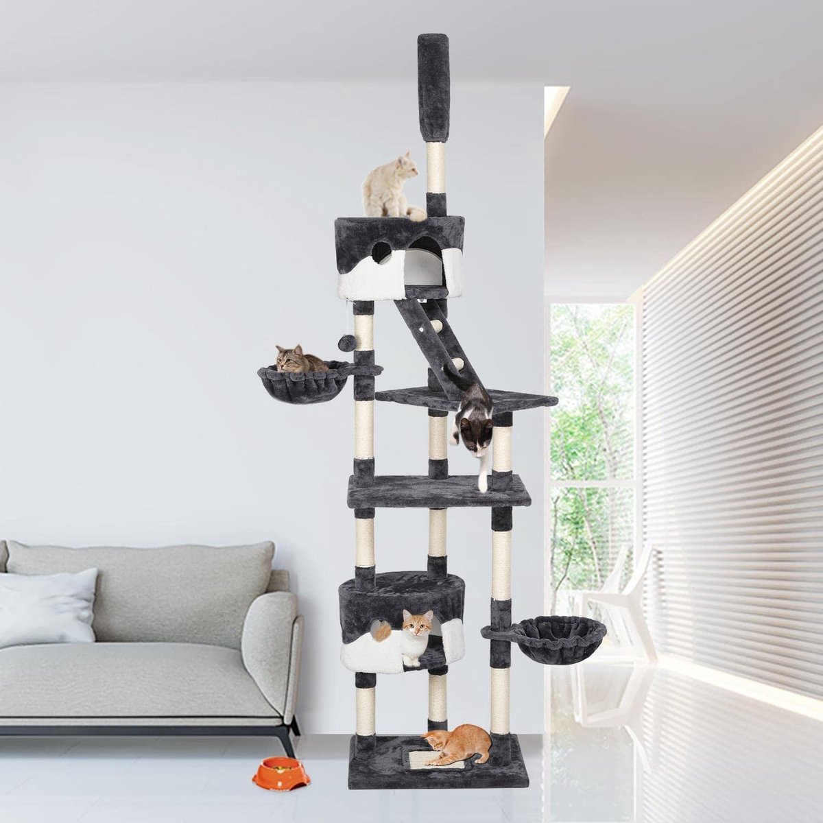  Krabpaal XXL, Klimboom Voor Katten - Plafondhoogte, Verstelbaar Van 228-255 Cm, Grijs-wit HM-YAHEE-610837