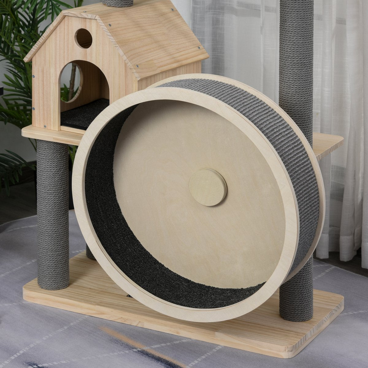  PawHut Kattenboom Met Loopwiel Krabpaal Met 4 Verdiepingen Kattenhuis Met Sisalpalen Massief Hout D30-303