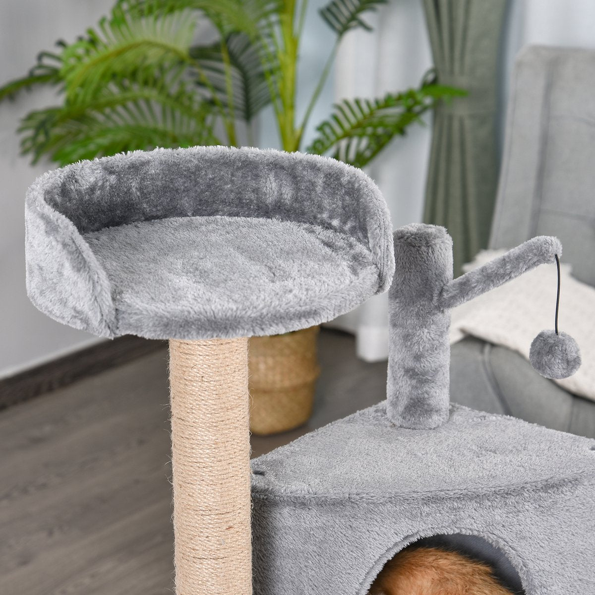  PawHut Krabpaal Met Speelballen Kattenkrabpaal Kattenhuis Jute Paal, Grijs D30-281