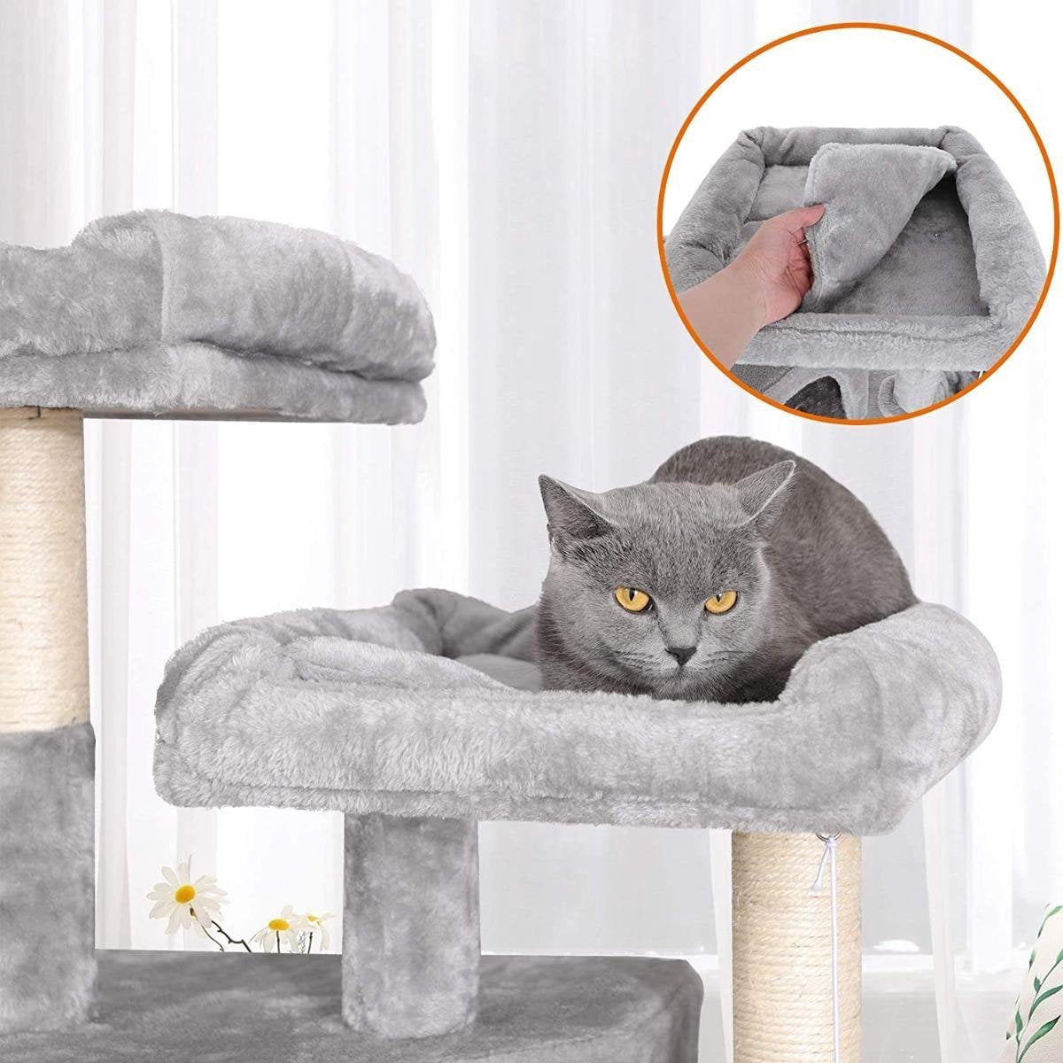  Songmics Kattenboom Groot, Met 3 Kattengrotten - Grijs - Sisal