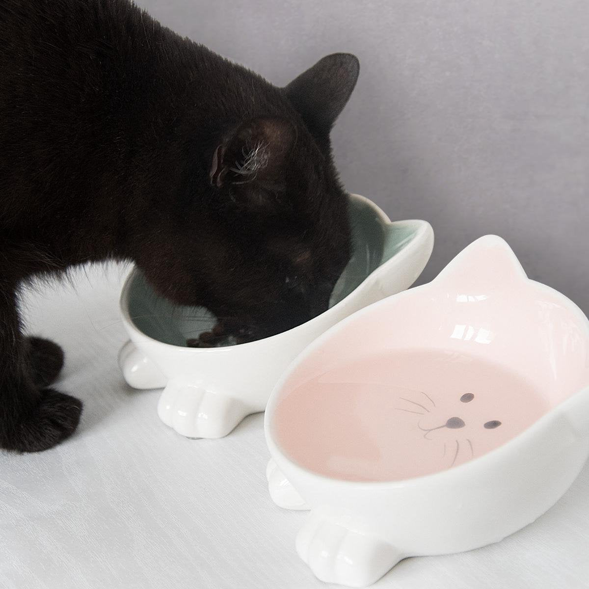  Navaris Voerbakjes Voor Katten - Set Van 2 Voer- En Waterbakken - Etensbak Van Keramiek - Met Antislip Voetjes - Kattenvorm - Roze/Groen