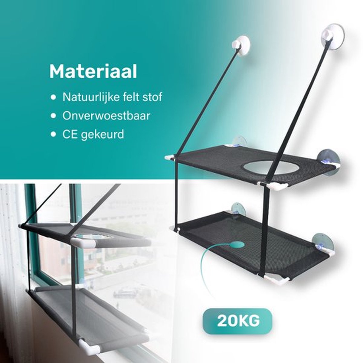  Raamhangmat - Dubbellaags - Met Zuignappen - 20kg Draag Gewicht - Kattenhangmat - Hangmat Kat - Kattenbed - Kattenkussen - Kattenbank - Kattenmand - Raam - Kattenhangmat Raam - Zwart - Radiator