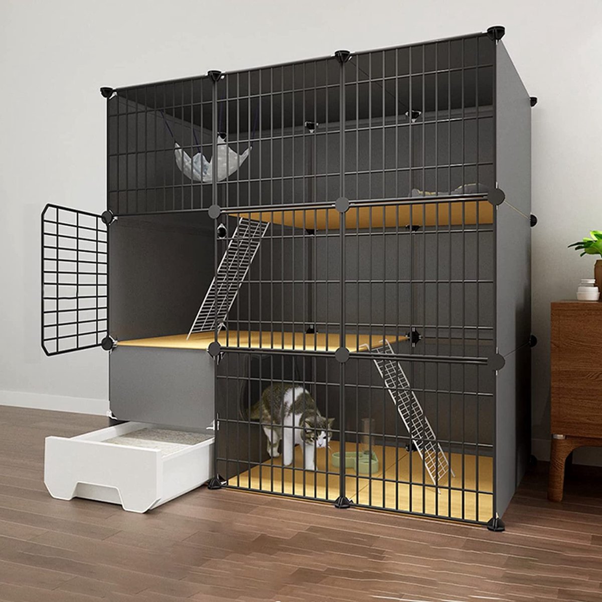 Merkloos XXL Premium Kattenkooi Met Kattenbak 2-laags Kattenkooien Voor Binnen - Grote Opvouwbare Kattenren - Kattenbench Kat Bench - Zwart Dierenverblijf