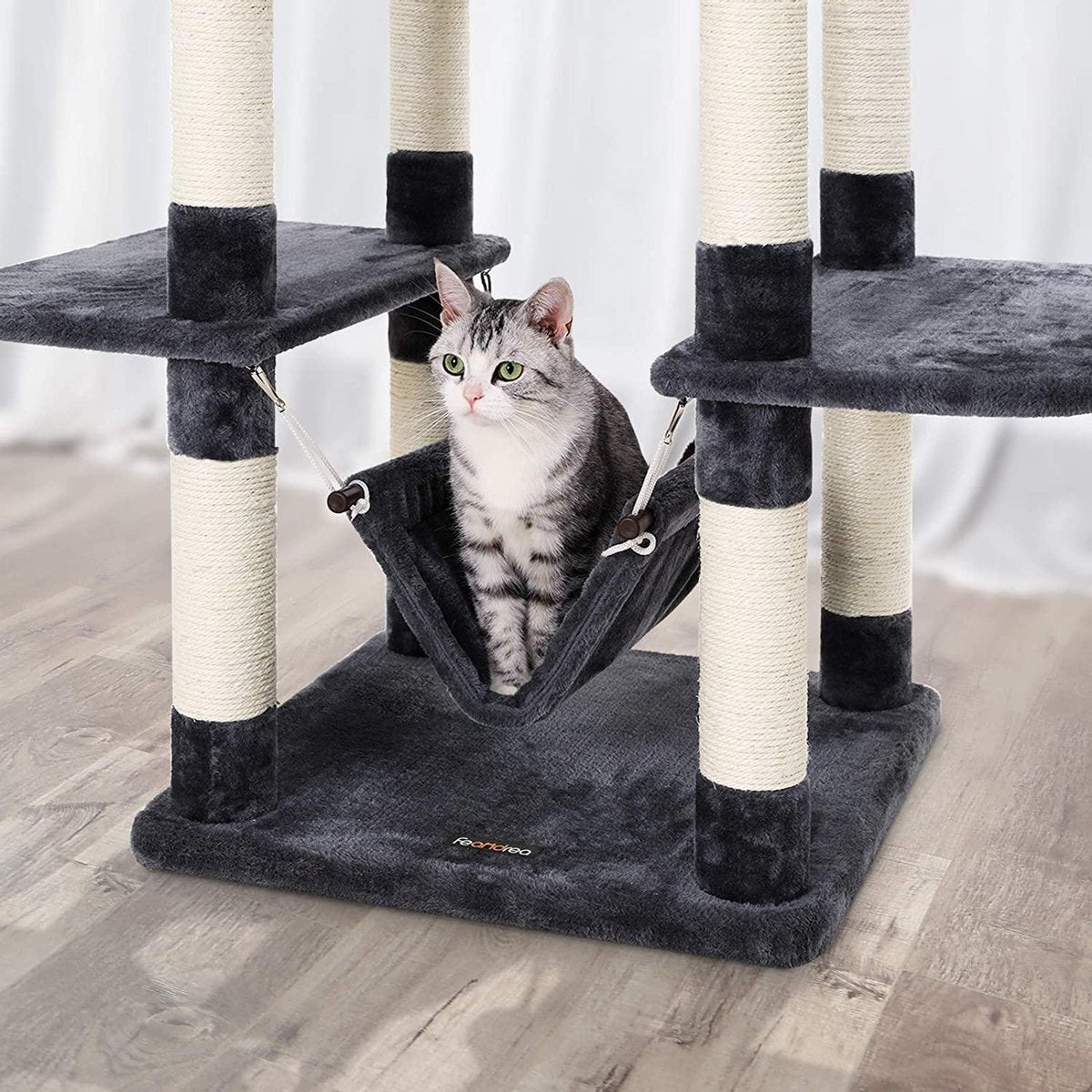  XXL Luxe Katten Krappaal Met Hangmat &amp; Katten Huisjes - Activity Center - Grote Krappaal Klimpaal Met Speelset - Krabmeubel 154 CM Hoog - Grijs
