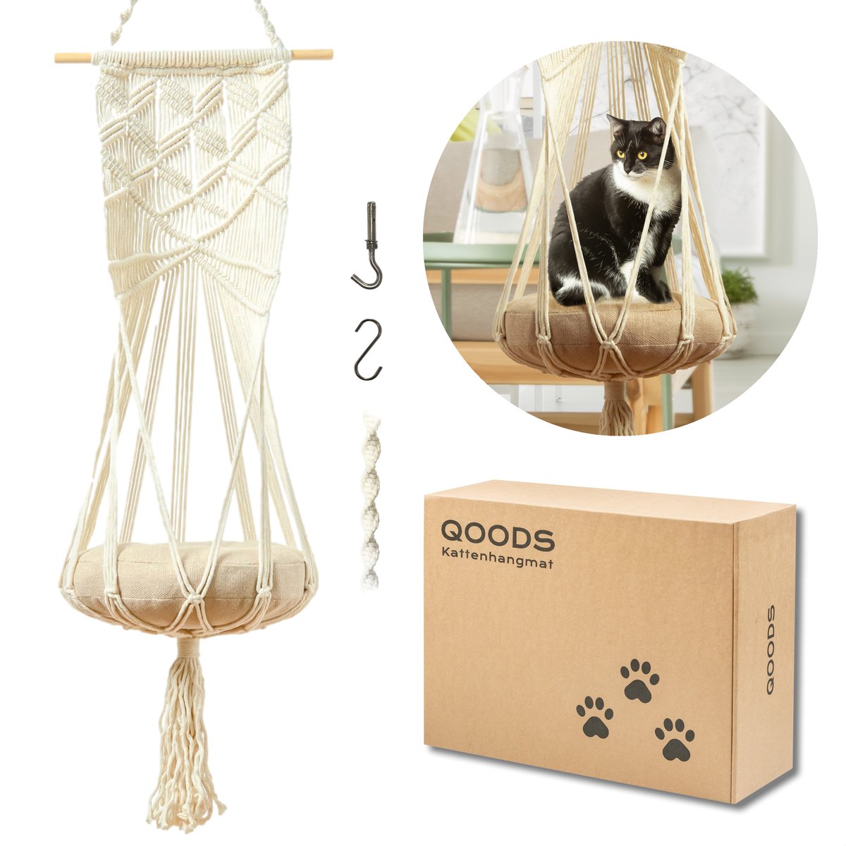  Qoods Kattenhangmat Macramé - Hangende Kattenmand Raam Of Radiator - Kattenbed - Poezenmand