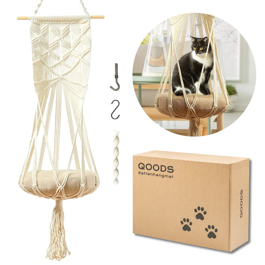  Qoods Kattenhangmat Macramé - Hangende Kattenmand Raam Of Radiator - Kattenbed - Poezenmand