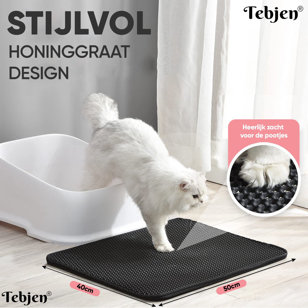  TEBJEN Kattenbakmat – Kattenbak Mat Grit Opvanger - Schoonloop Katten Mat – Dubbele Waterdichte Laag – Uitloopmat Kattenbak – Kattenbak Accessoires - Met Speelgoedmuisje En Schepje - 40x50cm
