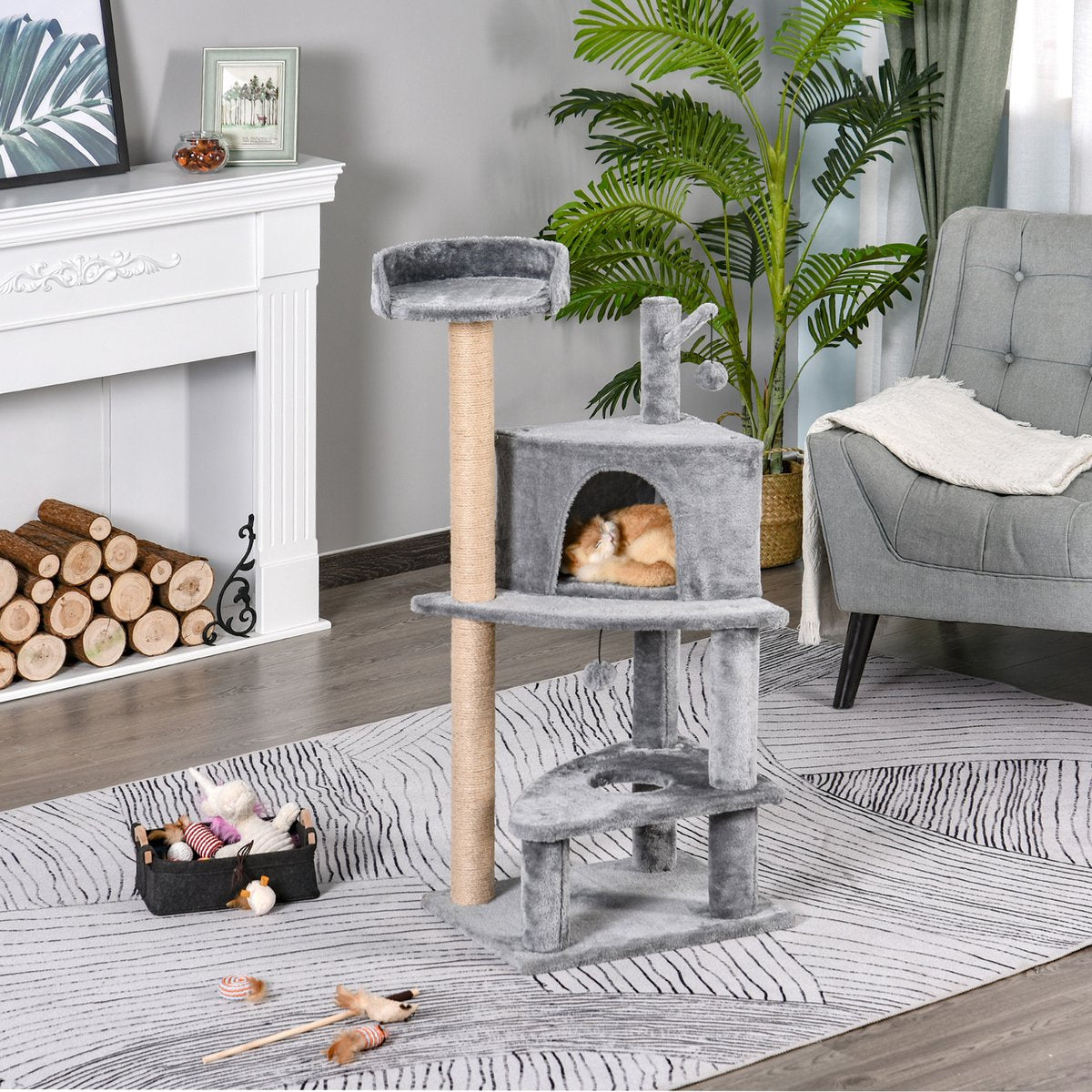  PawHut Krabpaal Met Speelballen Kattenkrabpaal Kattenhuis Jute Paal, Grijs D30-281
