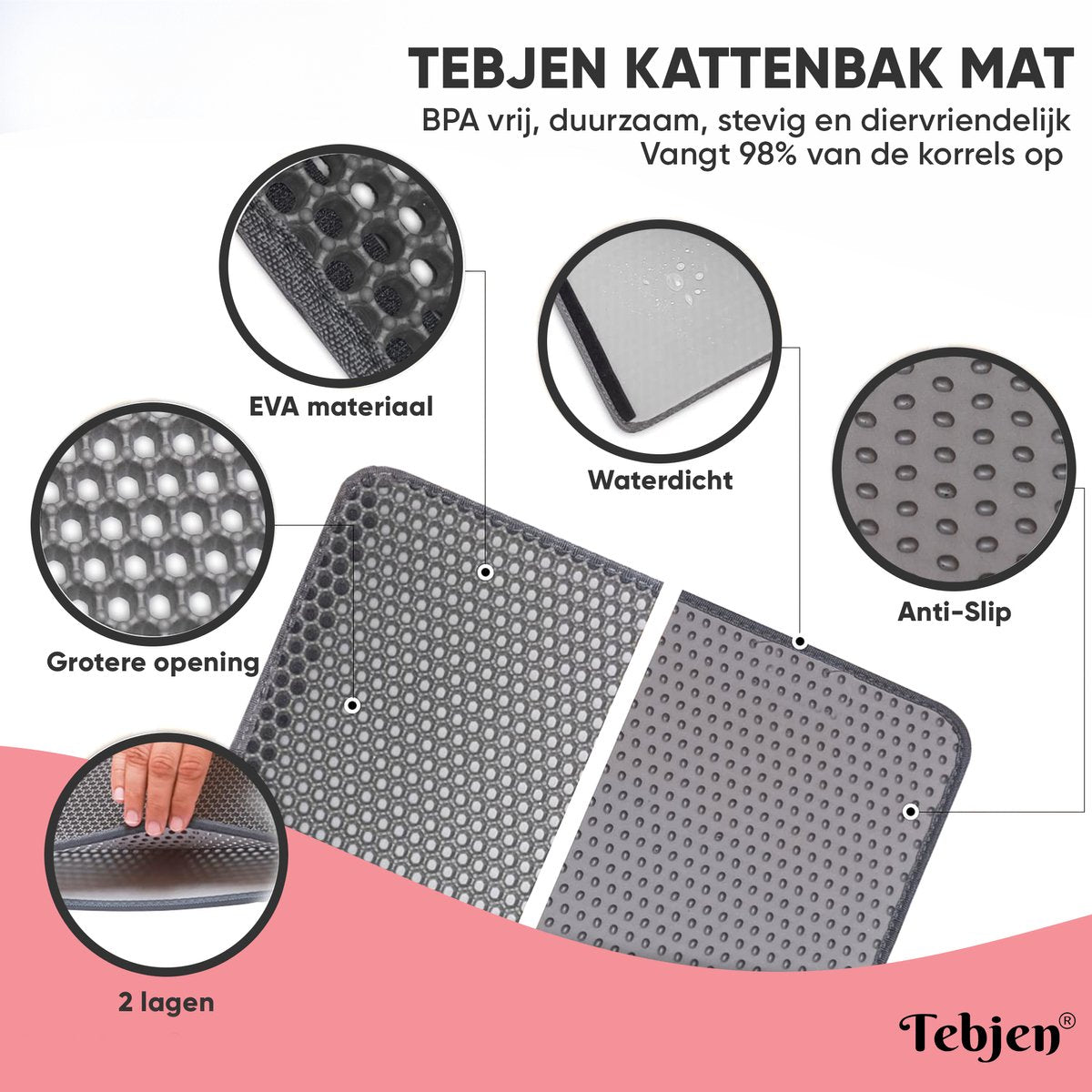  TEBJEN Kattenbakmat – Kattenbak Mat Grit Opvanger - Schoonloop Katten Mat – Dubbele Waterdichte Laag – Uitloopmat Kattenbak – Kattenbak Accessoires - Met Speelgoedmuisje En Schepje - 30cm * 30cm