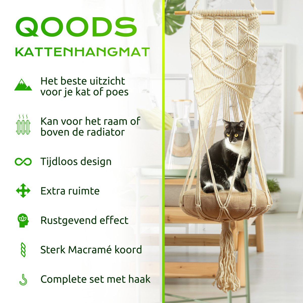  Qoods Kattenhangmat Macramé - Hangende Kattenmand Raam Of Radiator - Kattenbed - Poezenmand