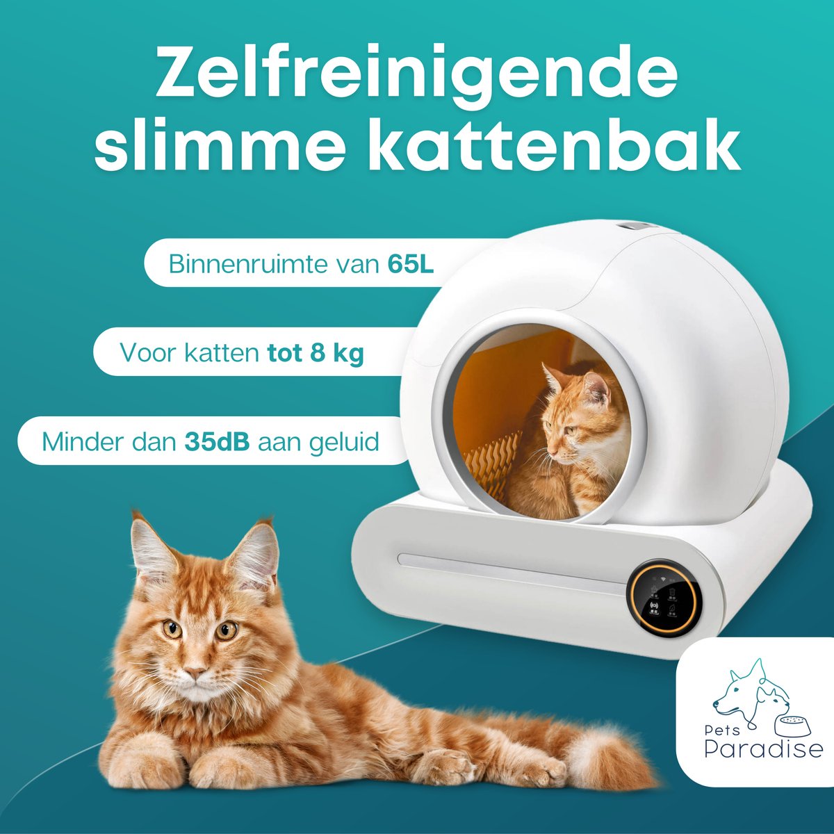  Pets Paradise - Zelfreinigende Kattenbak - Automatische - Elektrische - Scoopfree - Robot Kattenbak - 35dB