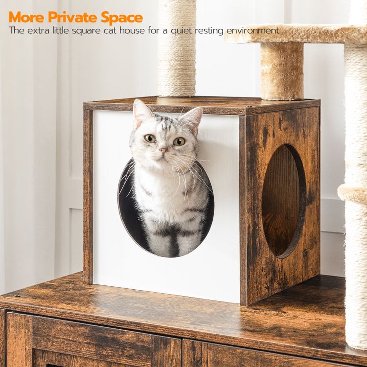  Signature Home Lola Krabpaal Met Kattenbak - Kattenbak Hangmat Mand Katten Huis - Kattenhuis Met Deur En Slot - Krabpalen Katten Huis - Kattenbakmeubel Verborgen - Alles-in-één Kattenspeelgoed Met Kattenhuis - Bruin - 70cm X 132cm X 48cm