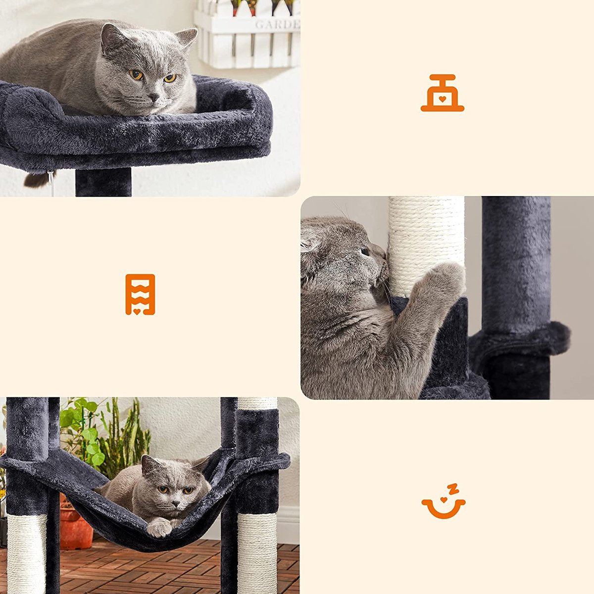  Krabpaal Met Hangmat Voor Meerdere Katten, Kattenboom, Rookgrijs