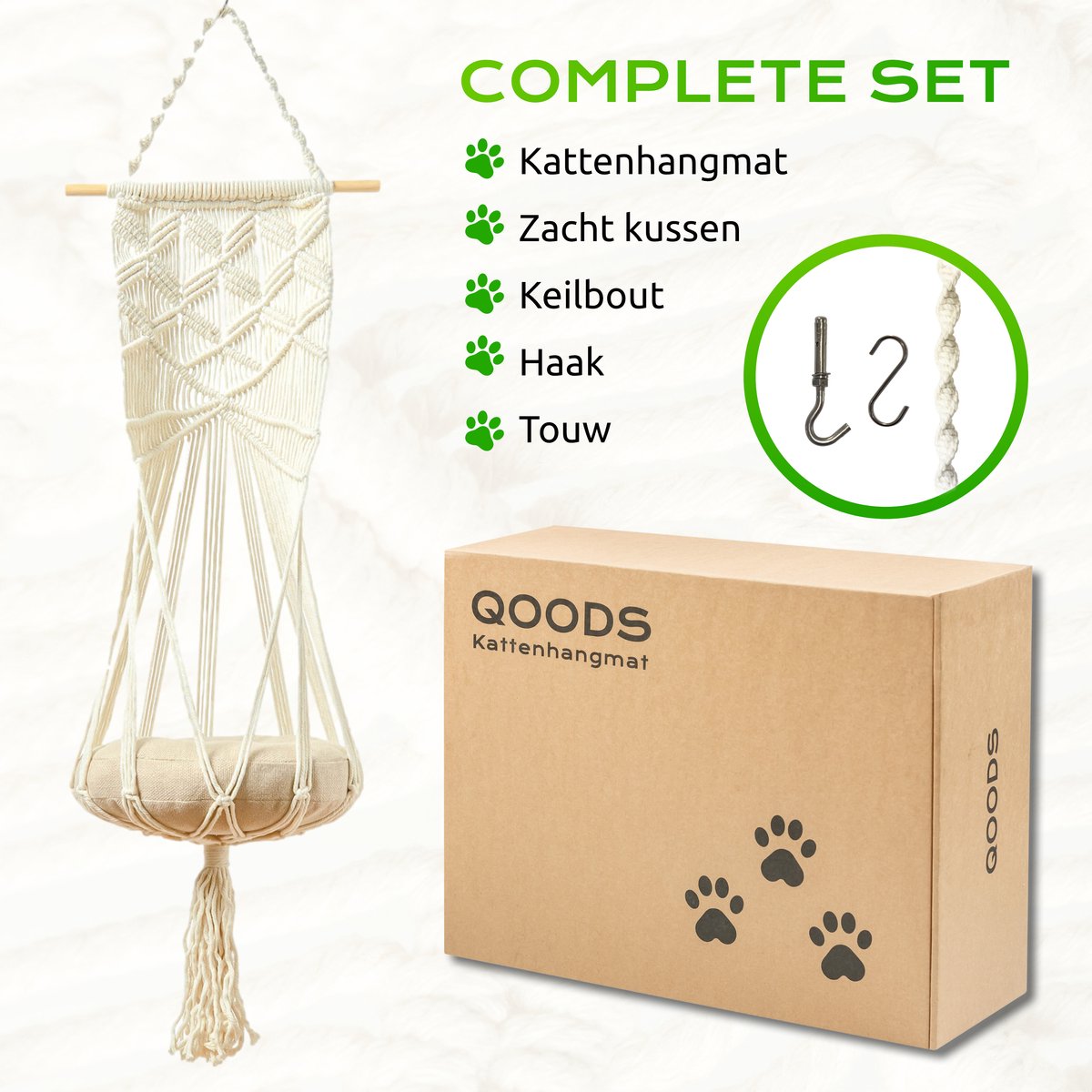  Qoods Kattenhangmat Macramé - Hangende Kattenmand Raam Of Radiator - Kattenbed - Poezenmand