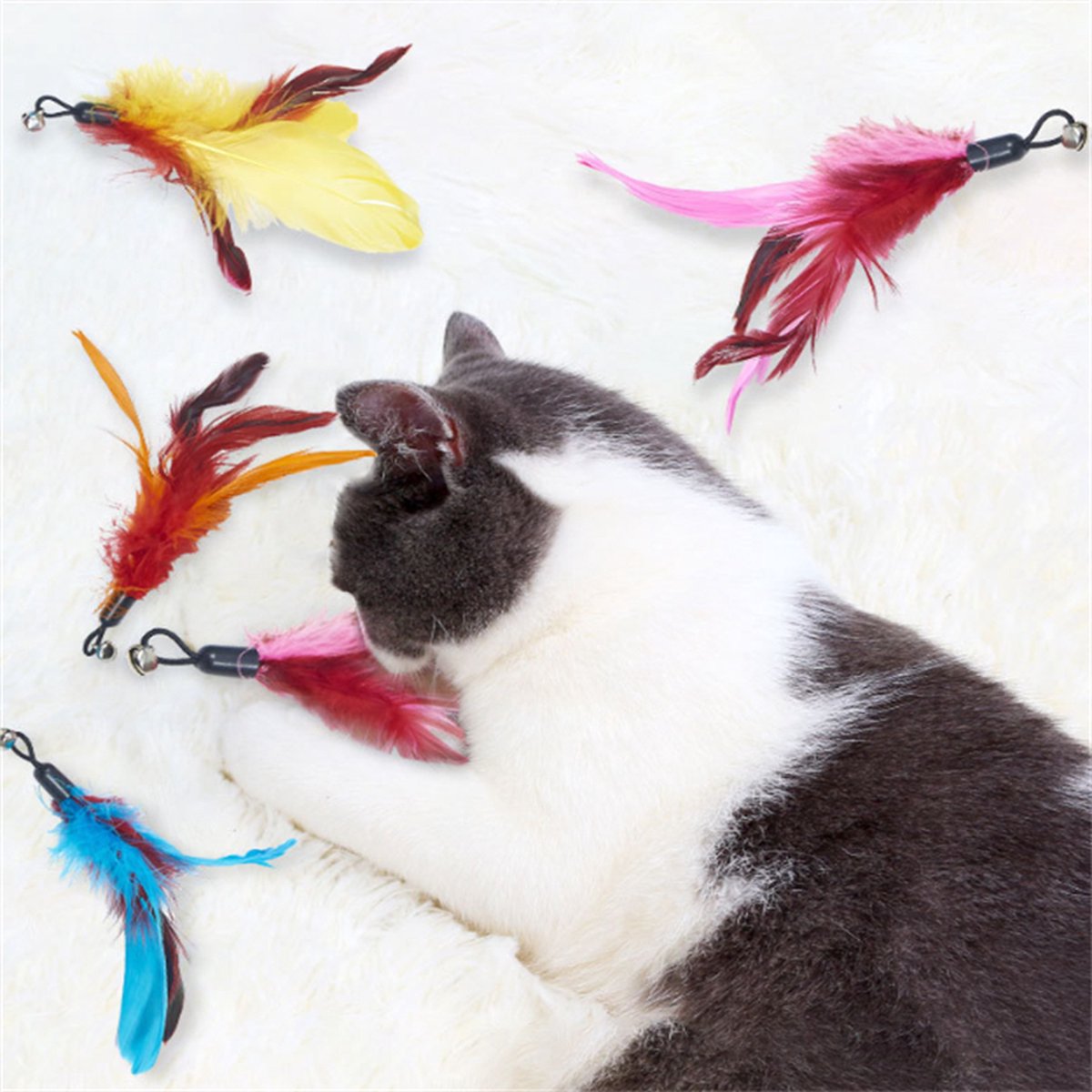 Merkloos Kattenhengel Met 10 Opzetstukjes - Kat Speelhengel Met Veren - Speelgoed Hengel Voor Katten – Kittenspeeltjes Met Veer – Kattenspeelgoed – Katten Speeltjes