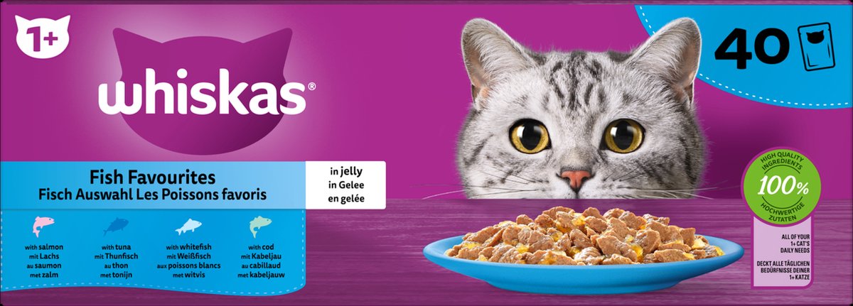  Whiskas 1+ Natvoer - Vis - Selectie In Gelei - Maaltijdzakjes 40 X 85 G