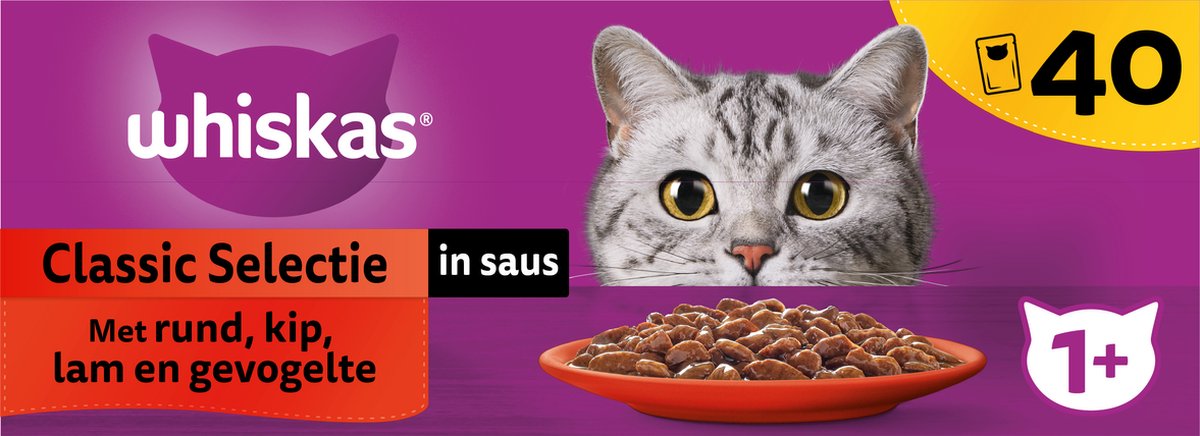  Whiskas 1+ Natvoer - Classic - Selectie In Saus - Maaltijdzakjes 40 X 85 G