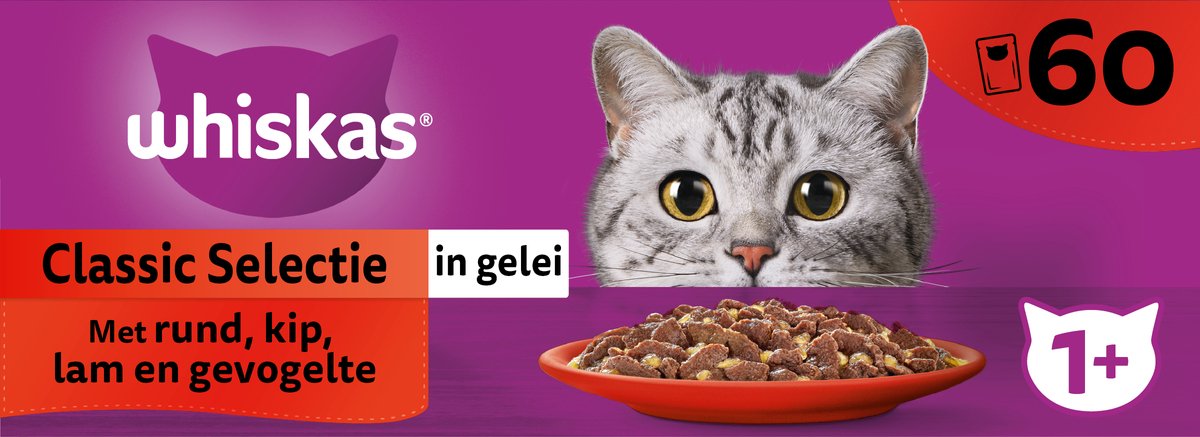  Whiskas 1+ Natvoer - Classic - Selectie In Gelei - Maaltijdzakjes 60 X 85 G