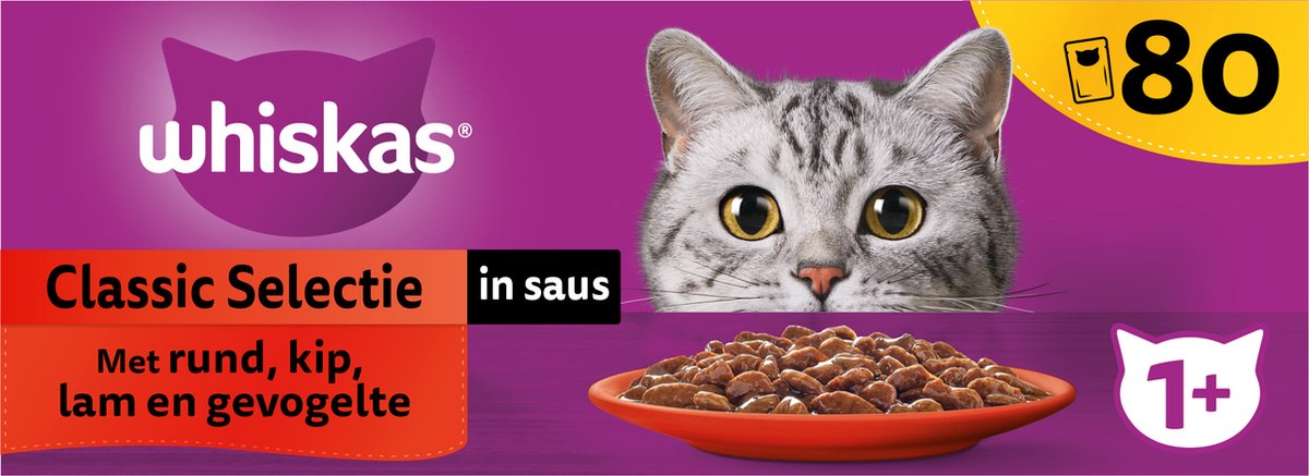  Whiskas 1+ Natvoer - Classic - Selectie In Saus - Maaltijdzakjes 80 X 85 G